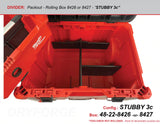 An open red Milwaukee tool box with a black divider inserted, shown on a white background with configuration text at the top and bottom.