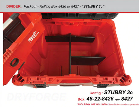An open red Milwaukee tool box with a black divider inserted, shown on a white background with configuration text at the top and bottom.