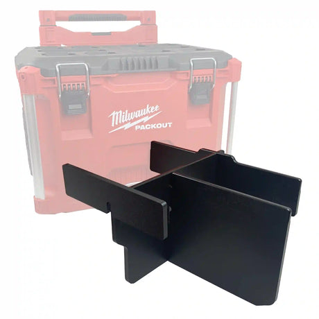 A shorter black plastic tool box divider shown in front of a red Milwaukee PACKOUT 22in Rolling Tool Box