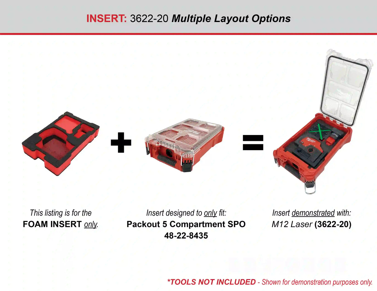 FOAM INSERT to store M12 Green 125ft Laser 3622-20 in a Milwaukee Packout 5 Compartment Small Parts Organizer - Tools/Case NOT Included