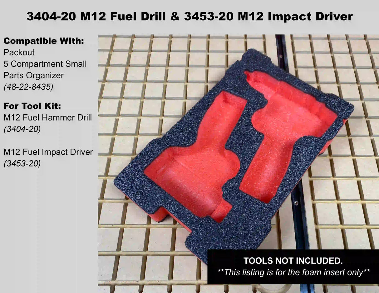 FOAM INSERT to store M12 Fuel Drill and Impact in a Milwaukee Packout 5 Compartment Small Parts Organizer - Tools/Case NOT Included