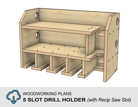 DIY woodworking plans drill holder charging station with dedicated slot for hanging a reciprocating saw and storing a circular saw