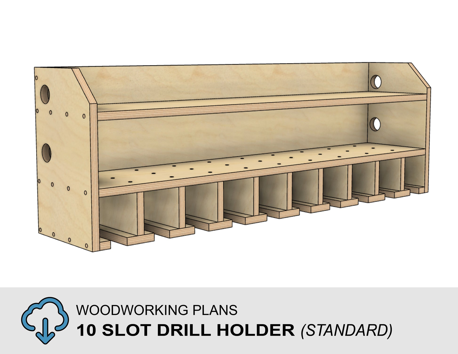DIY woodworking plans for building a 10 slot drill storage cabinet from plywood in a garage workshop