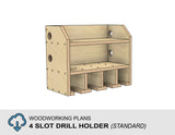 Step by step DIY woodworking plans for constructing a 4 slot drill holder shelf storage cabinet in your garage with basic woodworking tools