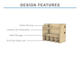 Design features of a 4 slot power tool organizer for storing ryobi milwaukee dewalt rigid cordless power tools with a location for a powerstrip and multiple shelves for storing other tools