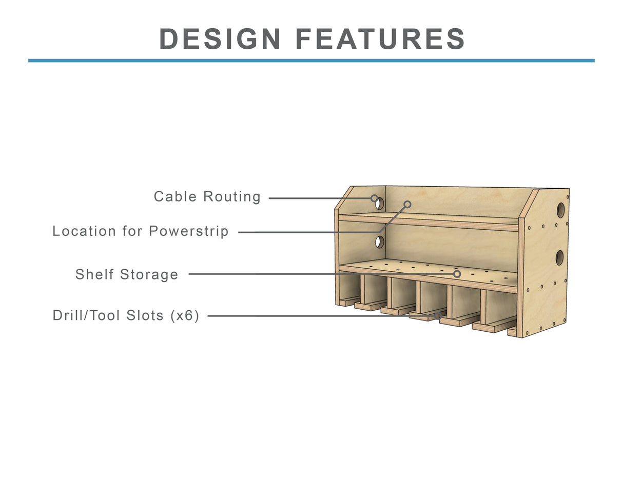 DIY woodworking plans with drill holder dimensions for assembling a 6 slot drill storage cabinet charging station