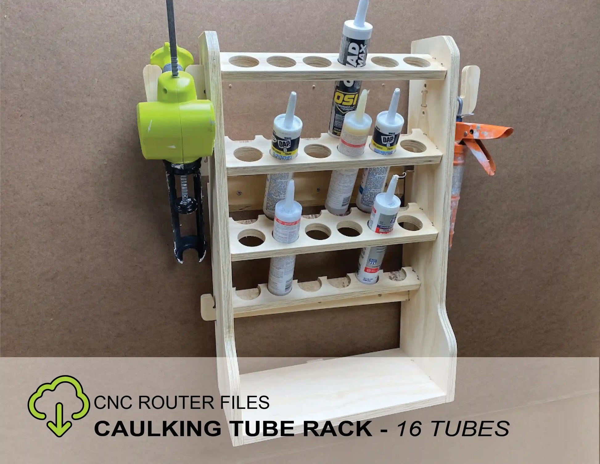 3d models of a caulk tube organizer shelf with fusion 360 vectric vcarve pro crv dxf svg files for making a cnc router project that stores tubes of caulking in your garage