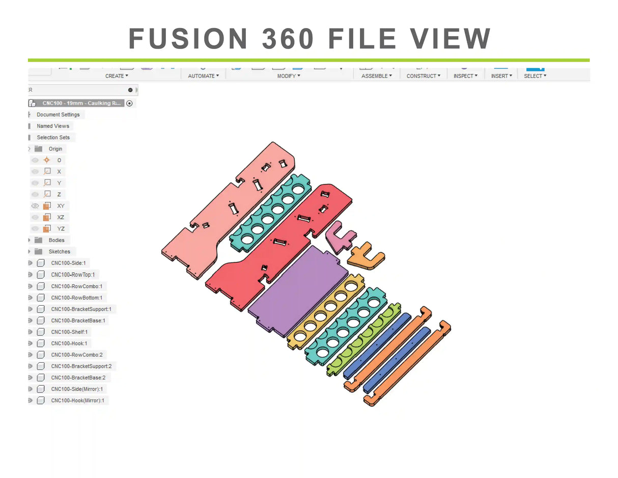 fusion 360 f3d files of caulk tube storage organizer for storing 18 cans of caulking made from plywood on a cnc router project files