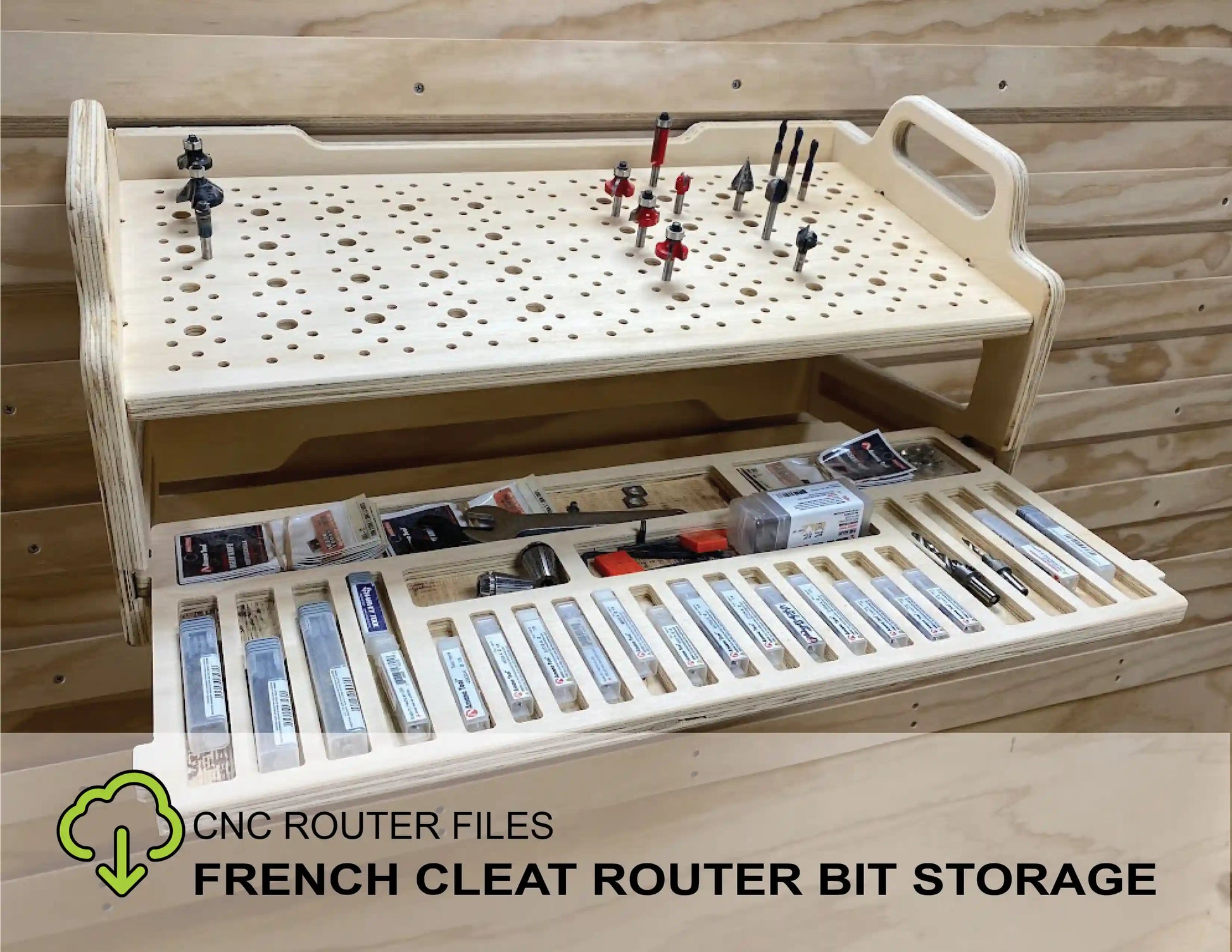 french cleat router bit storage rack with pull out tool tray to organize router bits endmills and drill bits on a cnc router project machine