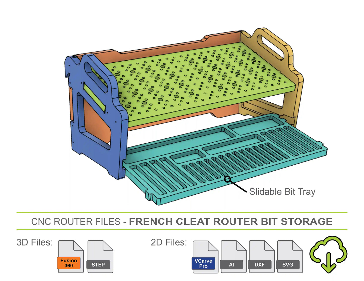 router bit organizer 3d modeled in fusion 360 to generate gcode to cut a french cleat router bit storage rack on a cnc wood cutting machine