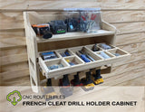 french cleat drill storage shelf cabinet with sliding tool bin for organizing screws tools wrenches router bits that mounts to a french cleat organizational storage wall made from plywood