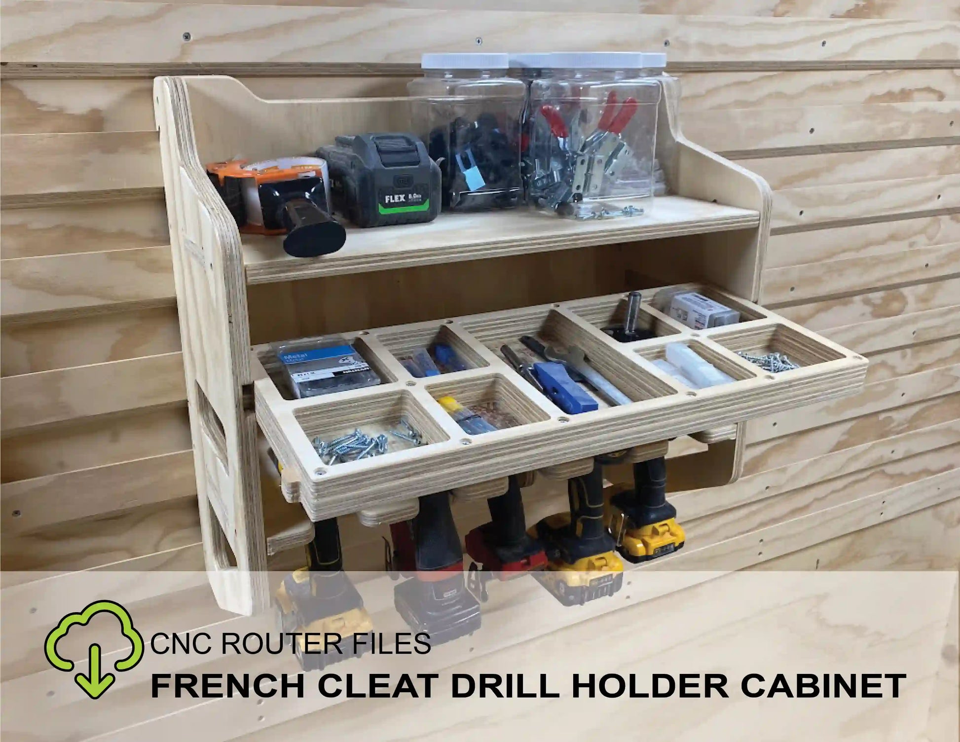 french cleat drill storage shelf cabinet with sliding tool bin for organizing screws tools wrenches router bits that mounts to a french cleat organizational storage wall made from plywood