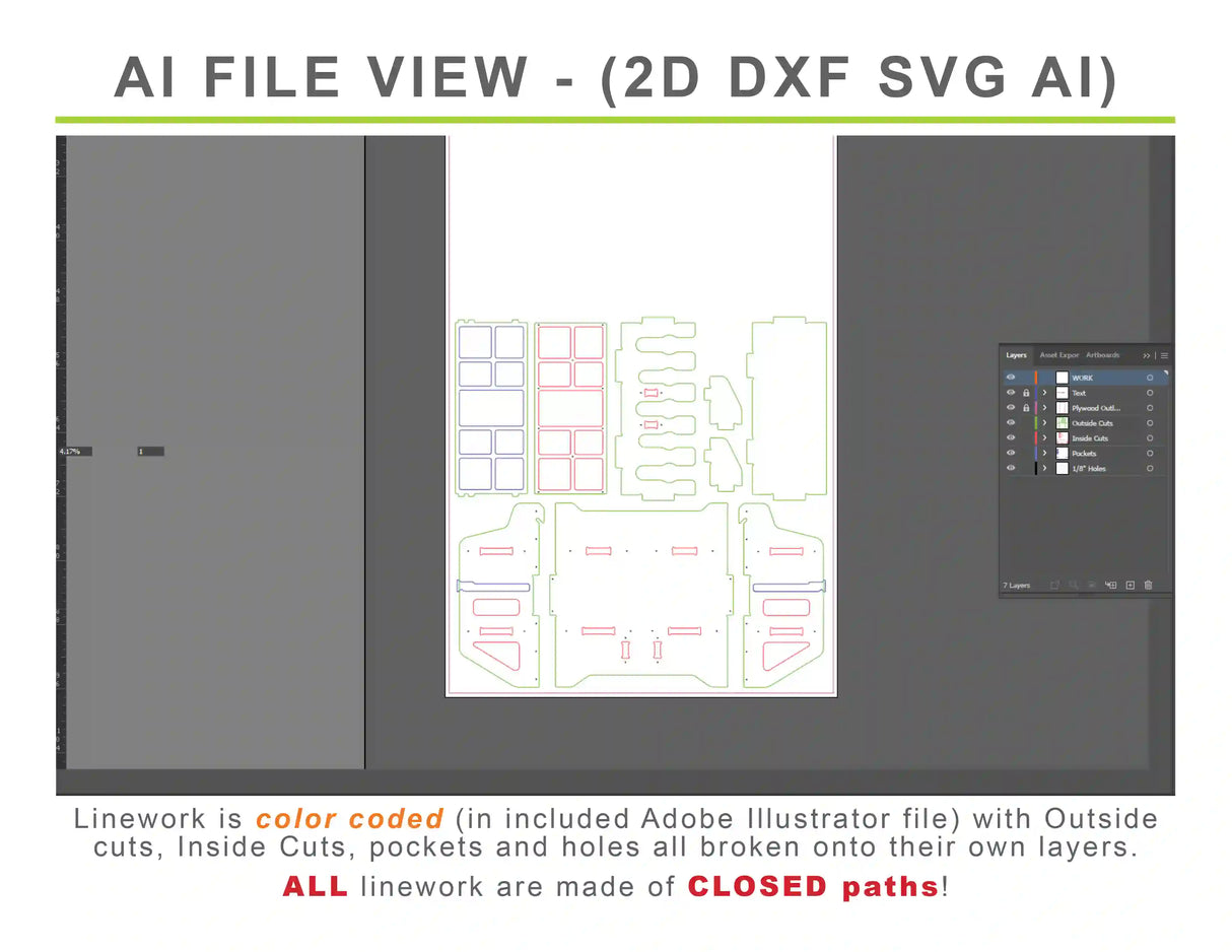 adobe illustrator 2d linework ai dxf svg files for cnc wood router of a french cleat drill holder shelf with sliding tool tray