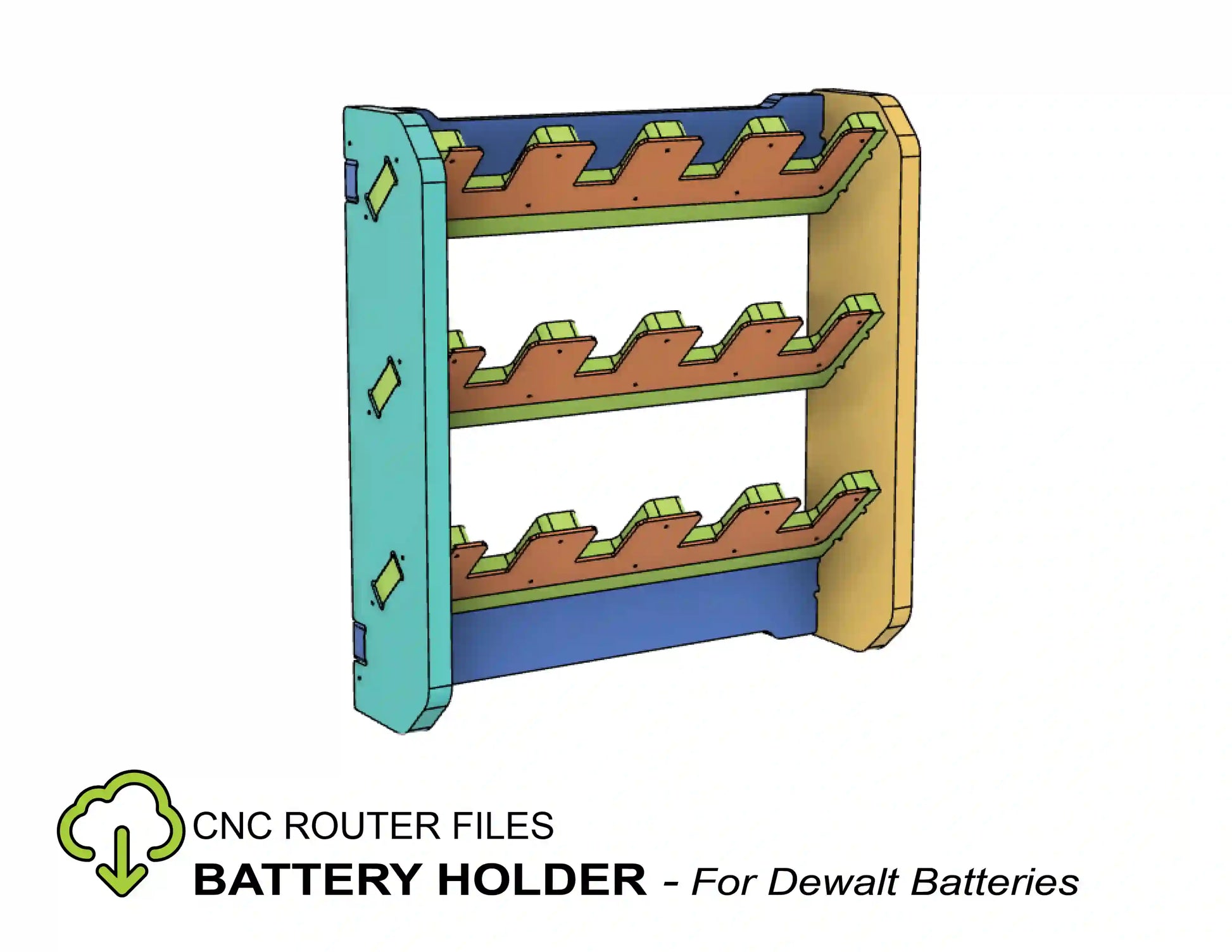 dewalt batttery tool organizer that stores 12 dewalt 20 volt batteries on a wall mounted battery holder rack