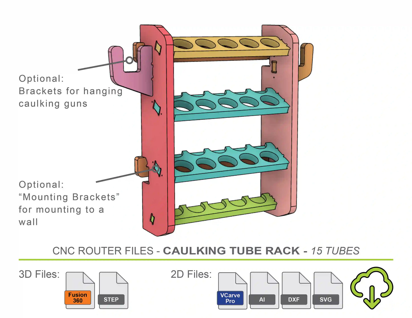caulk tube rack storage cnc router files fusion 360 vectric vcarve pro crv dxf svg files