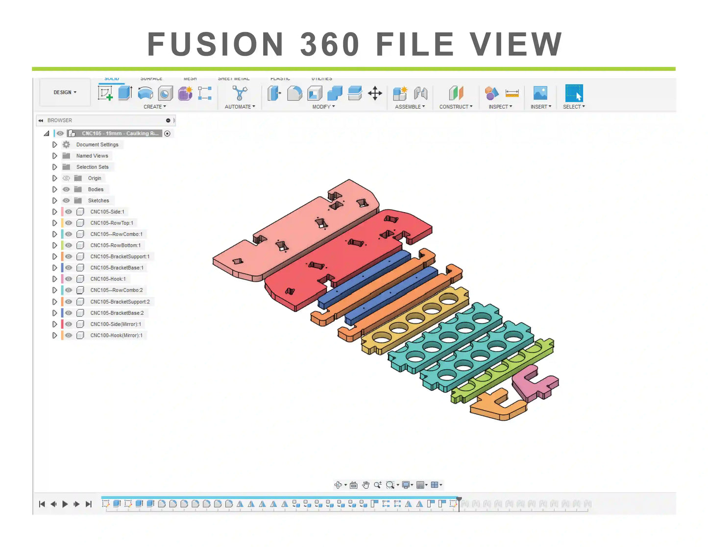 fusion 360 file 3d model of caulking tube storage organizer rack that holds 15 tubes of caulk on a workshop wall