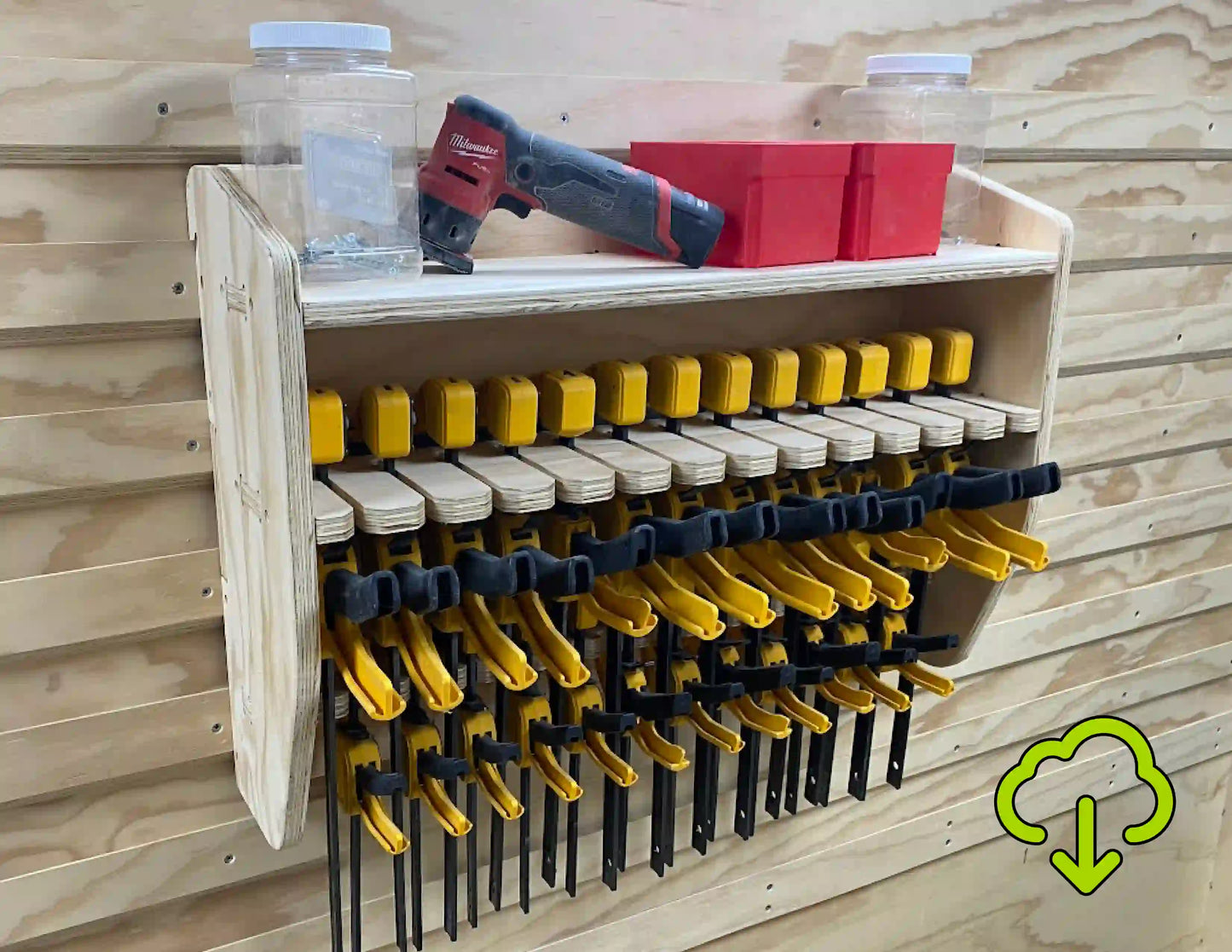 French Cleat Trigger Clamp storage rack cabinet designed to hold large woodworking clamps and small trigger clamps made from plywood using CNC router files on a cnc router machine