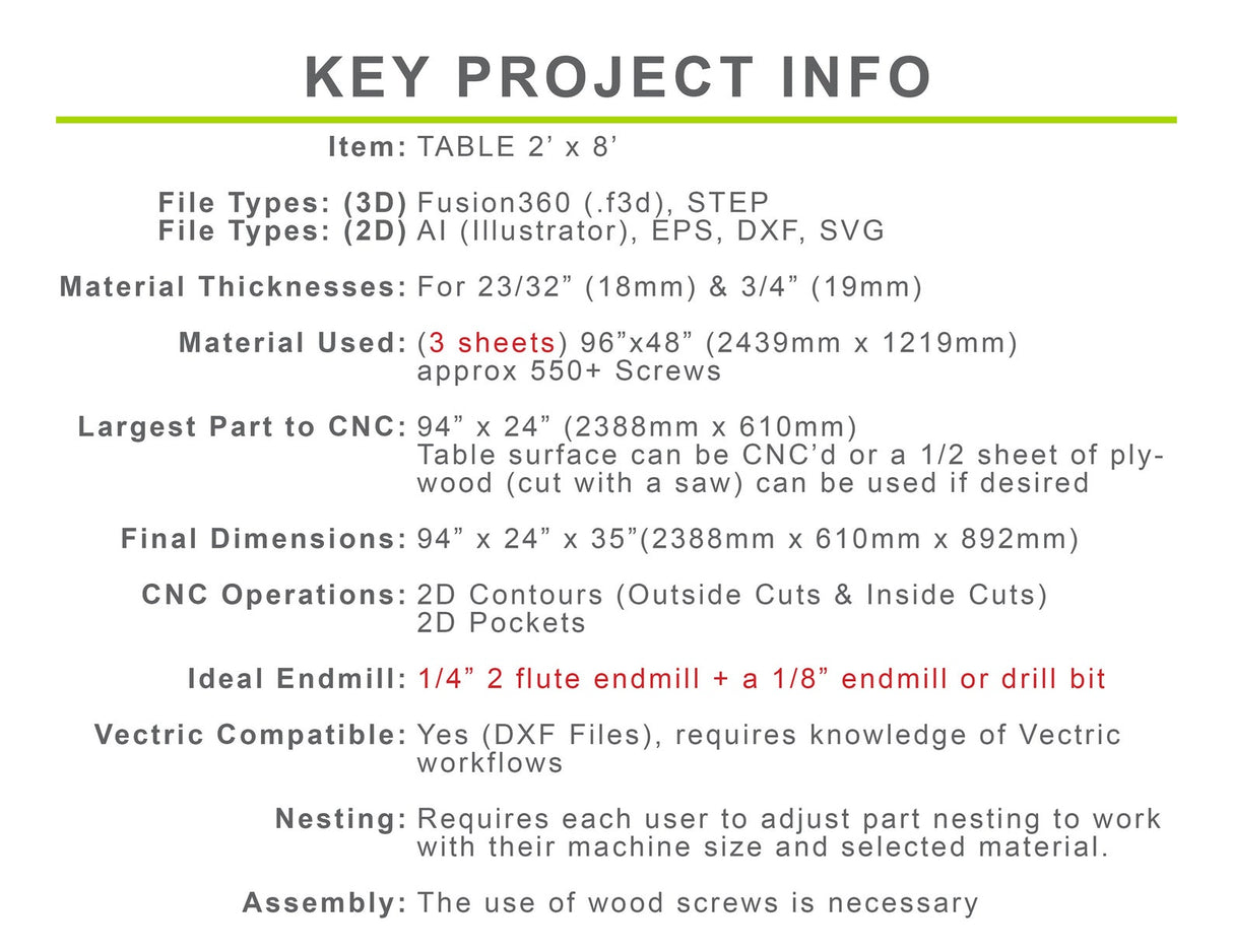 CNC Router Files Workbench Table 2'x8' 3D Model